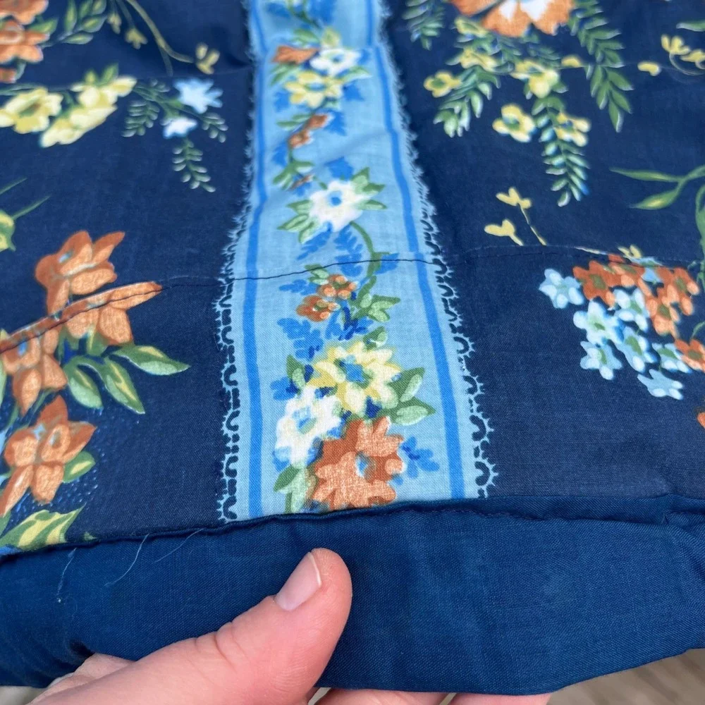 Vtg Handmade Quilt 78x82 Blue Floral Cottagecore Hand Stitched Cotton Full Queen